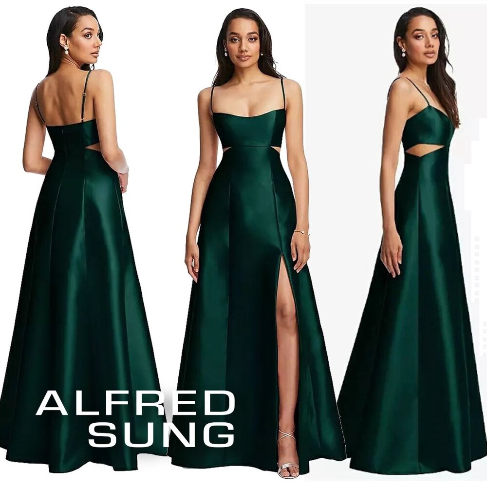 ALFRED SUNG Open Neckline Cutout Satin Twill A-Line Gown w/Pockets in Evergreen